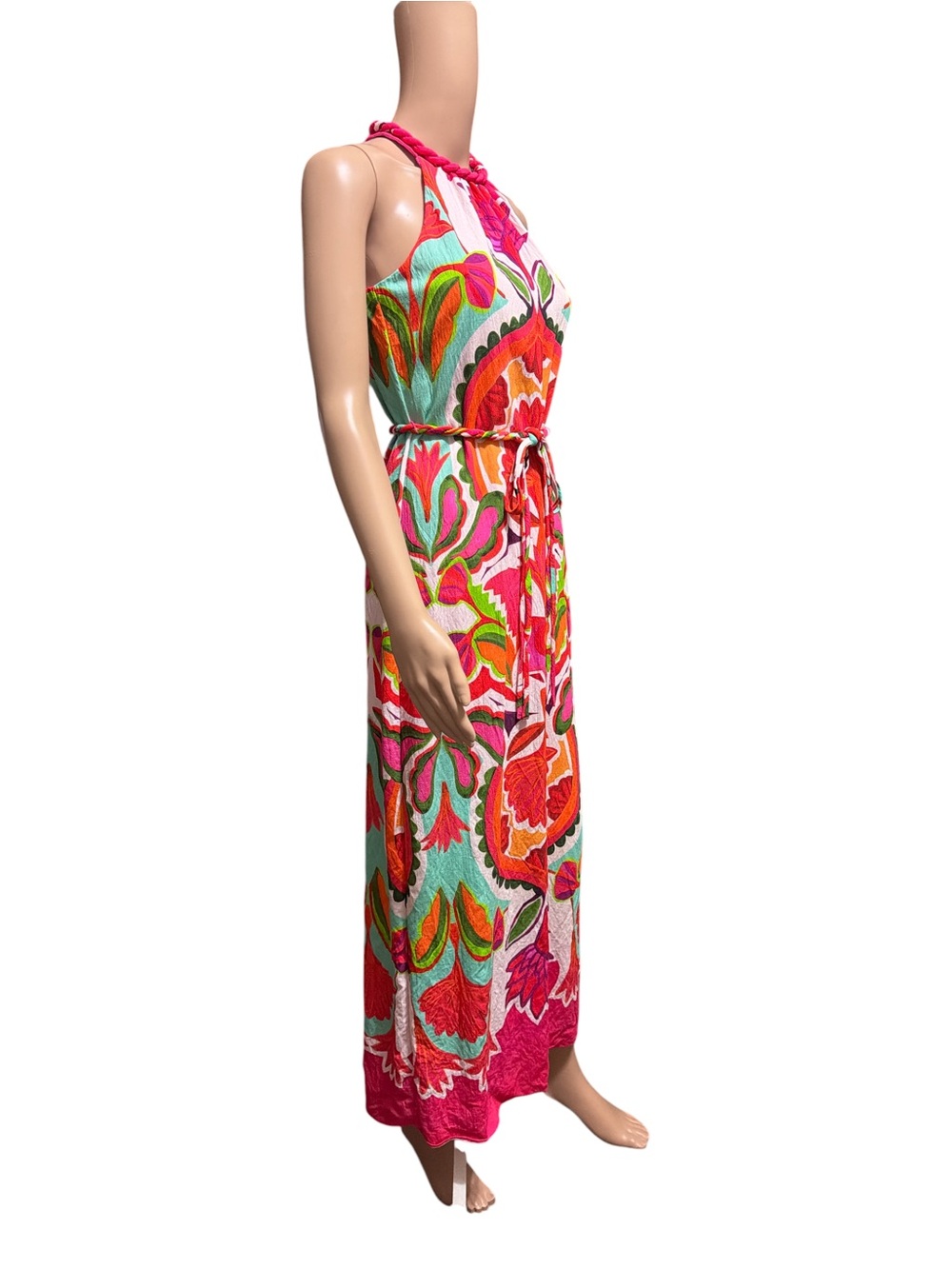 Vince Camuto Sz 0 Day Crepe Midi Dress Halter Boho Print Rope Inspired Belt - Picture 2 of 12
